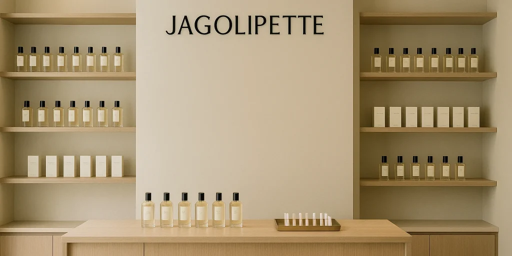 Boutique Jagolipette, chic et épurée : comptoir en bois clair, étagères murales alignées de flacons et d’échantillons de parfum, logo noir sur mur crème